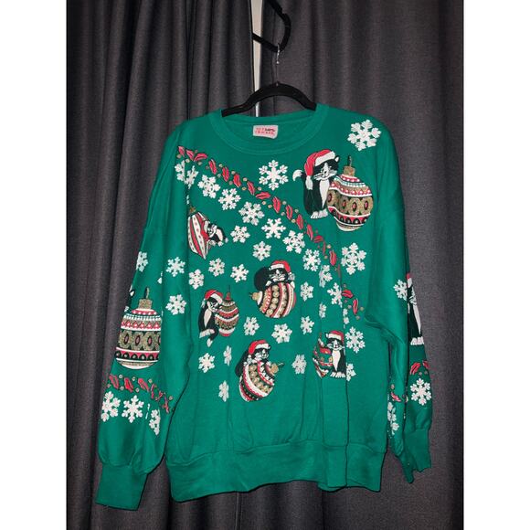 Ugly Christmas Sweater Xmas Sweatshirt Vintage Crewneck Size Large Cat Cats - Picture 1 of 3